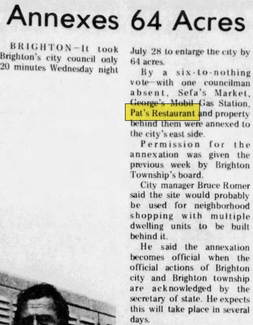 Pats Restaurant - Aug 1971 Article On Annexation